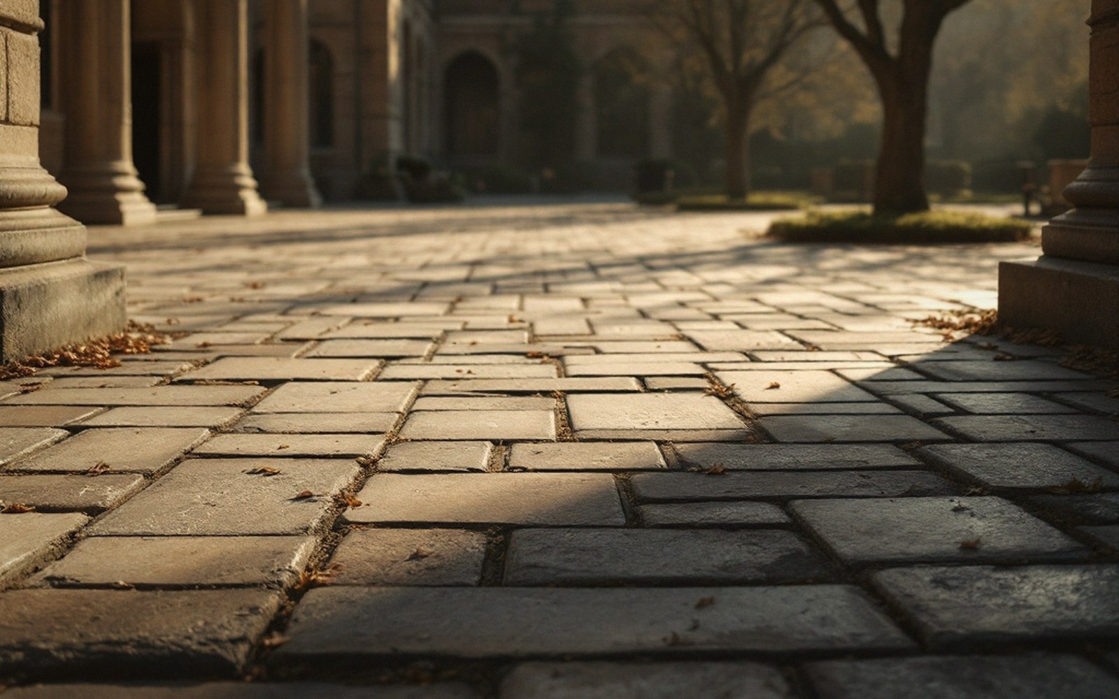 A stone quadrangle at early morning, long shadows across the flagstones, no figures present